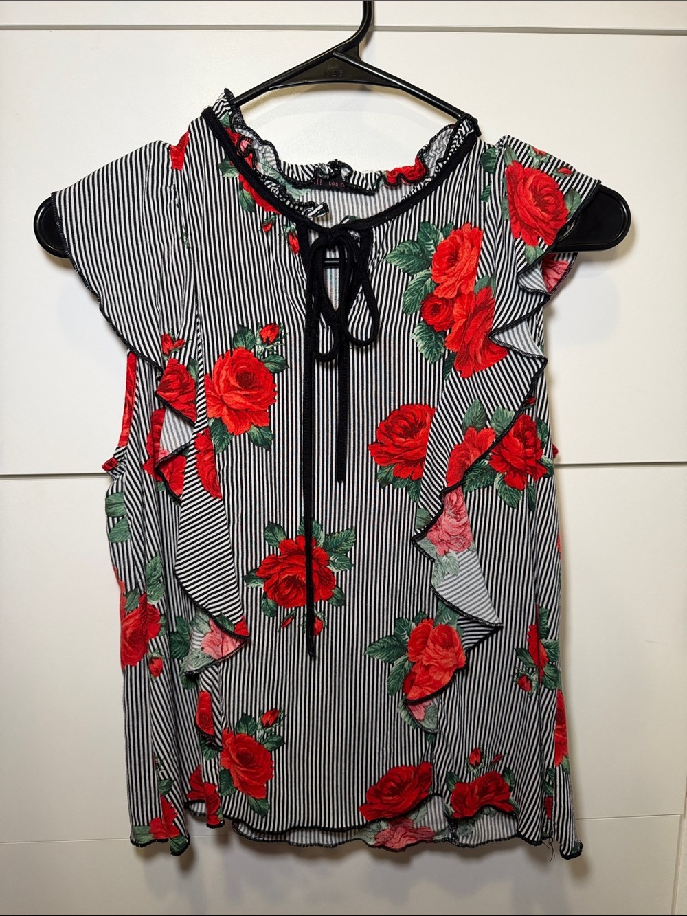 Kaii Black & White Stripe Floral Ruffle Tie-Neck Camisole